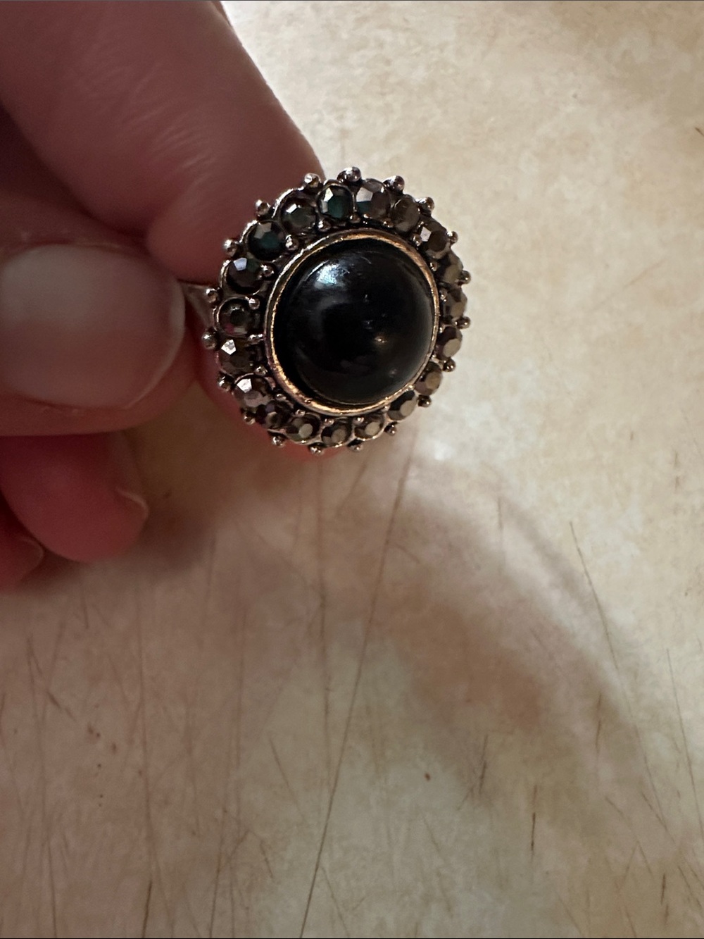 Vintage Black Gemstone Halo Ring  with black ice crystals - Women Jewelry